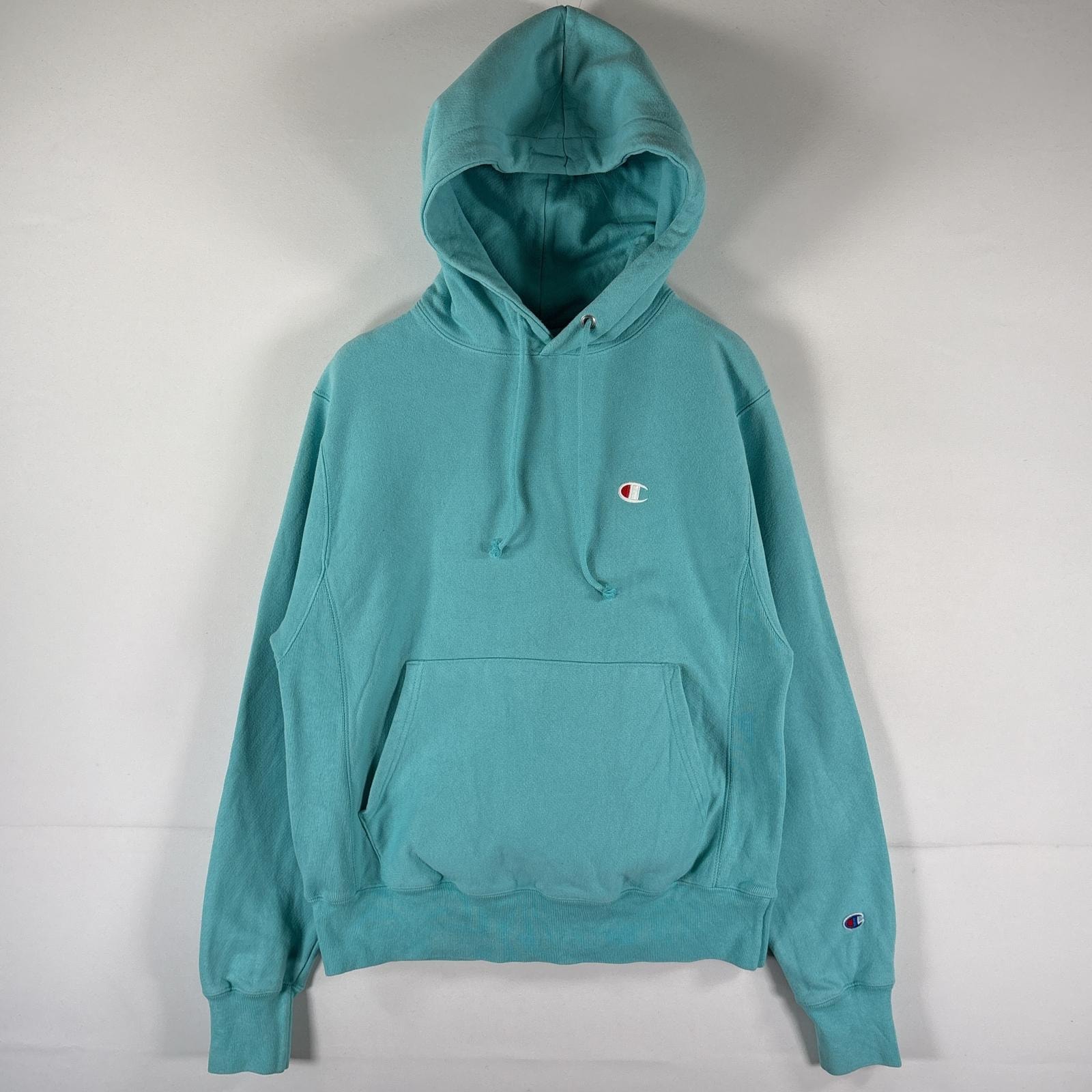 古着 チャンピオン Champion パーカー リバースウィーブ スウェット フーディ マフポケット フード紐 ワンポイントロゴ SMALL ティファニーブルー メンズ