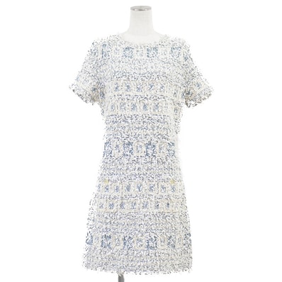 【美品】CHANEL シャネル ファンシーツイードワンピース サイズ 40 レディース P58577 リボンヤーン ラメ糸 COCOマーククリアボタン バックファスナー ショートスリーブ 半袖 ドレス ブルー系 青 イタリア製 カール・ラガーフェルド期