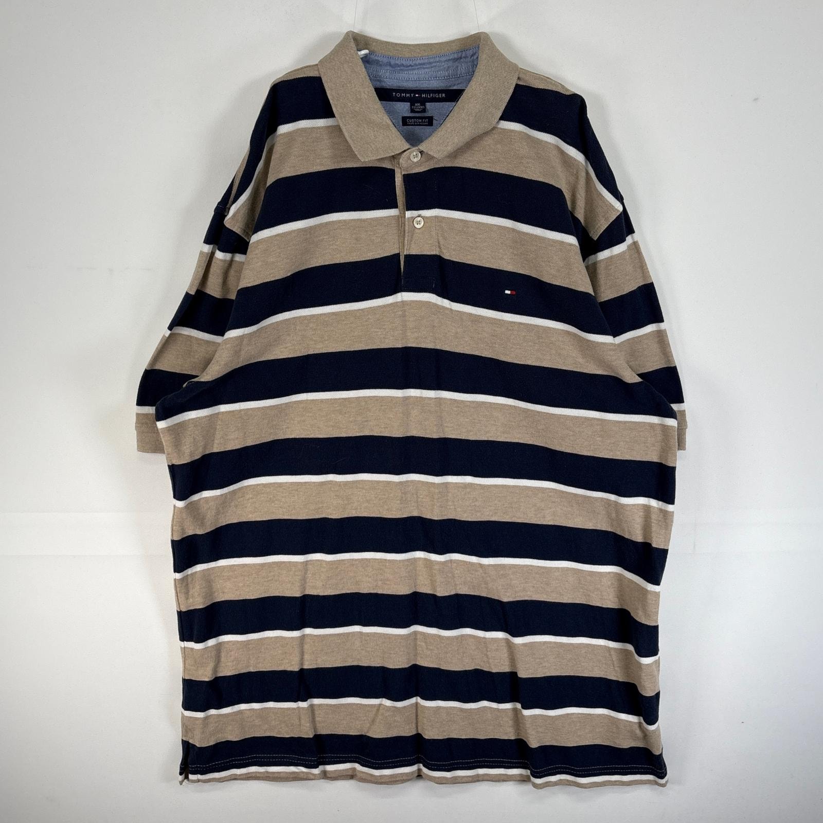古着 トミーヒルフィガー TOMMY HILFIGER 鹿の子 半袖 ポロシャツ ロゴ 刺繍 2ボタン 大きいサイズ 14041  ベージュ ボーダー メンズ