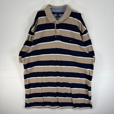 古着 トミーヒルフィガー TOMMY HILFIGER 鹿の子 半袖 ポロシャツ ロゴ 刺繍 2ボタン 大きいサイズ 14041 ベージュ ボーダー メンズ