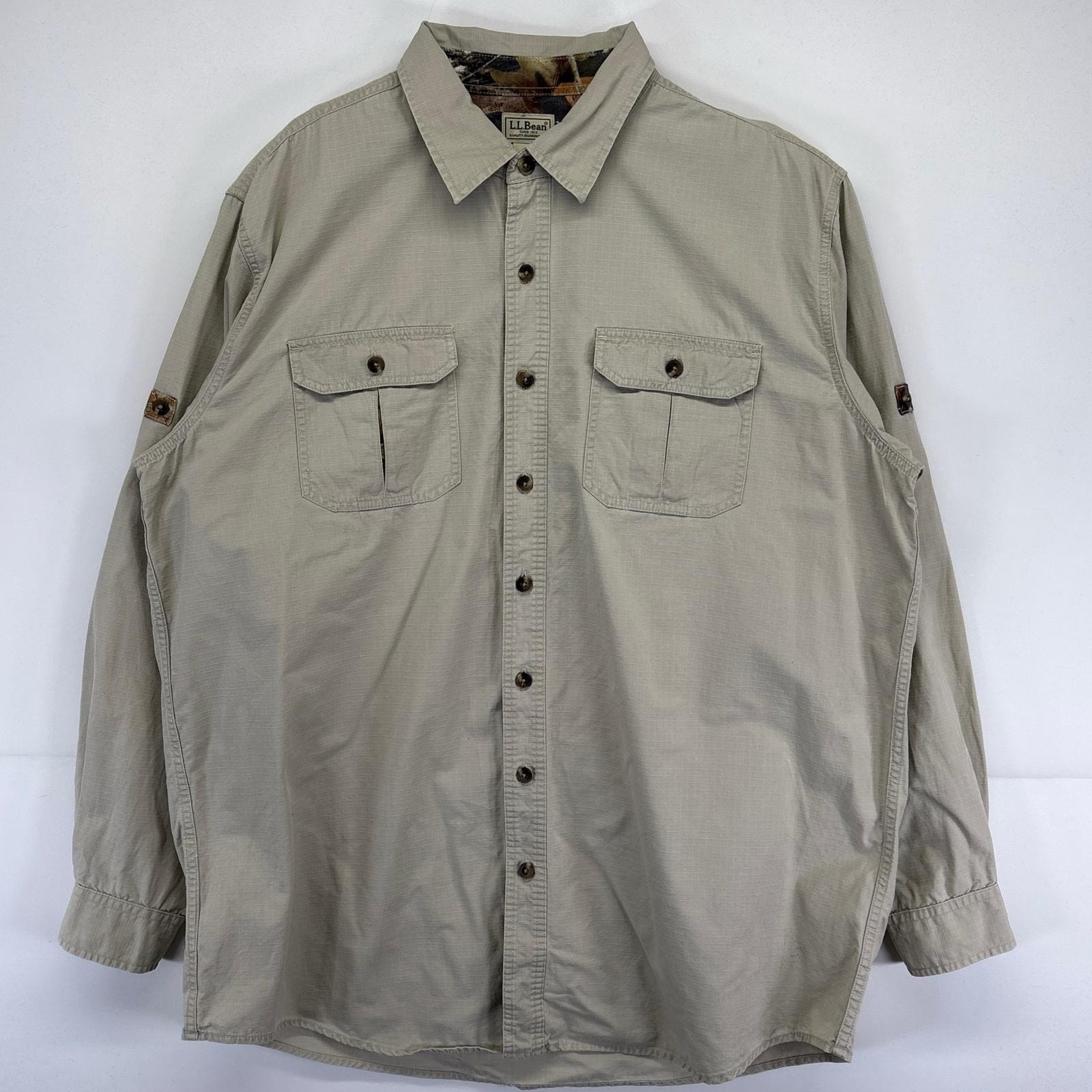 古着 エルエルビーン L.L.Bean 長袖シャツ 大きいサイズ リップストップ生地 無地 アウトドア 裏地リアルツリー XL-T  ベージュ系 メンズ