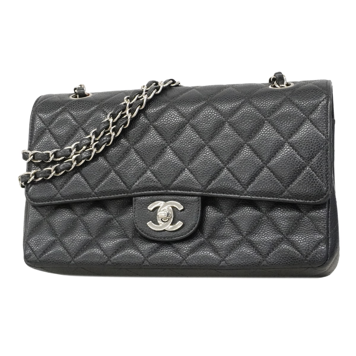 ★SALE【6ee5673】シャネル ショルダーバッグ マトラッセ Wフラップ Wチェーン キャビアスキン ブラック シルバー金具【中古】レディース