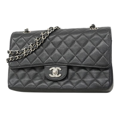 ★SALE【6ee5673】シャネル ショルダーバッグ マトラッセ Wフラップ Wチェーン キャビアスキン ブラック シルバー金具【中古】レディース