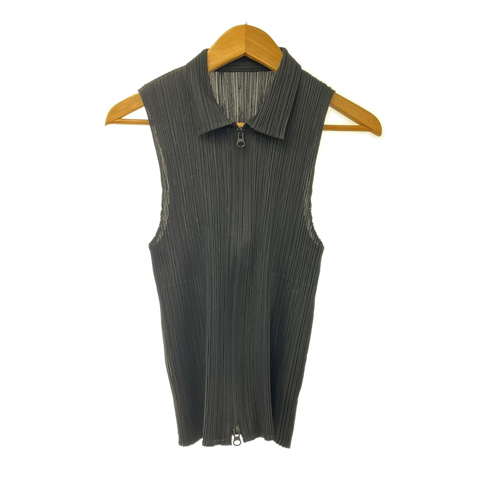 ISSEY MIYAKE イッセイミヤケ PLEATS PLEASE プリーツプリーズ ベスト プリーツ加工 ジップアップ 襟付 サイズ3 pp01-je384 ブラック