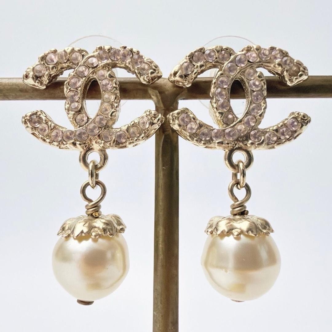 CHANEL シャネル ココマーク スイング パールピアス ラインストーン ゴールド×ピンク