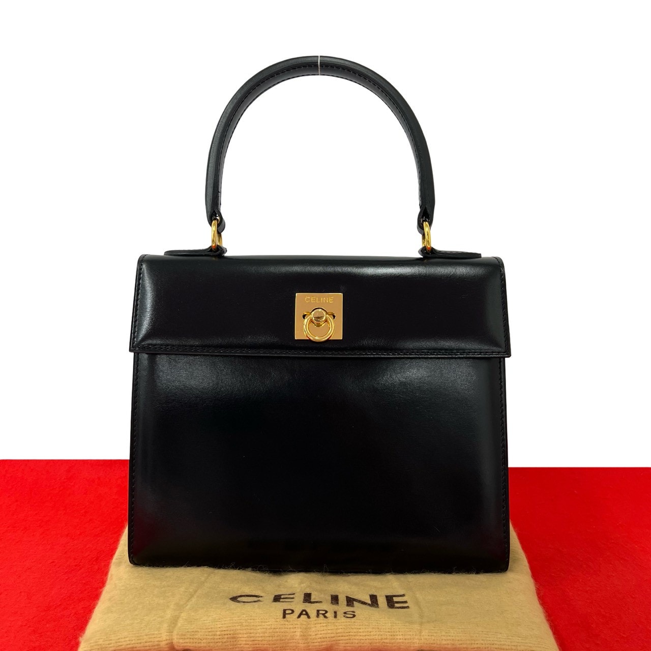 CELINE セリーヌ ロゴ リング 金具 レザー ハンドバッグ ブラック
 94946