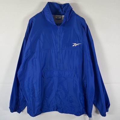古着 00’s/00年代 リーボック Reebok ナイロンジャケット ハーフジップ プルオーバー ベクターロゴ ワンポイントロゴ刺繍 大きいサイズ XL ブルー メンズ