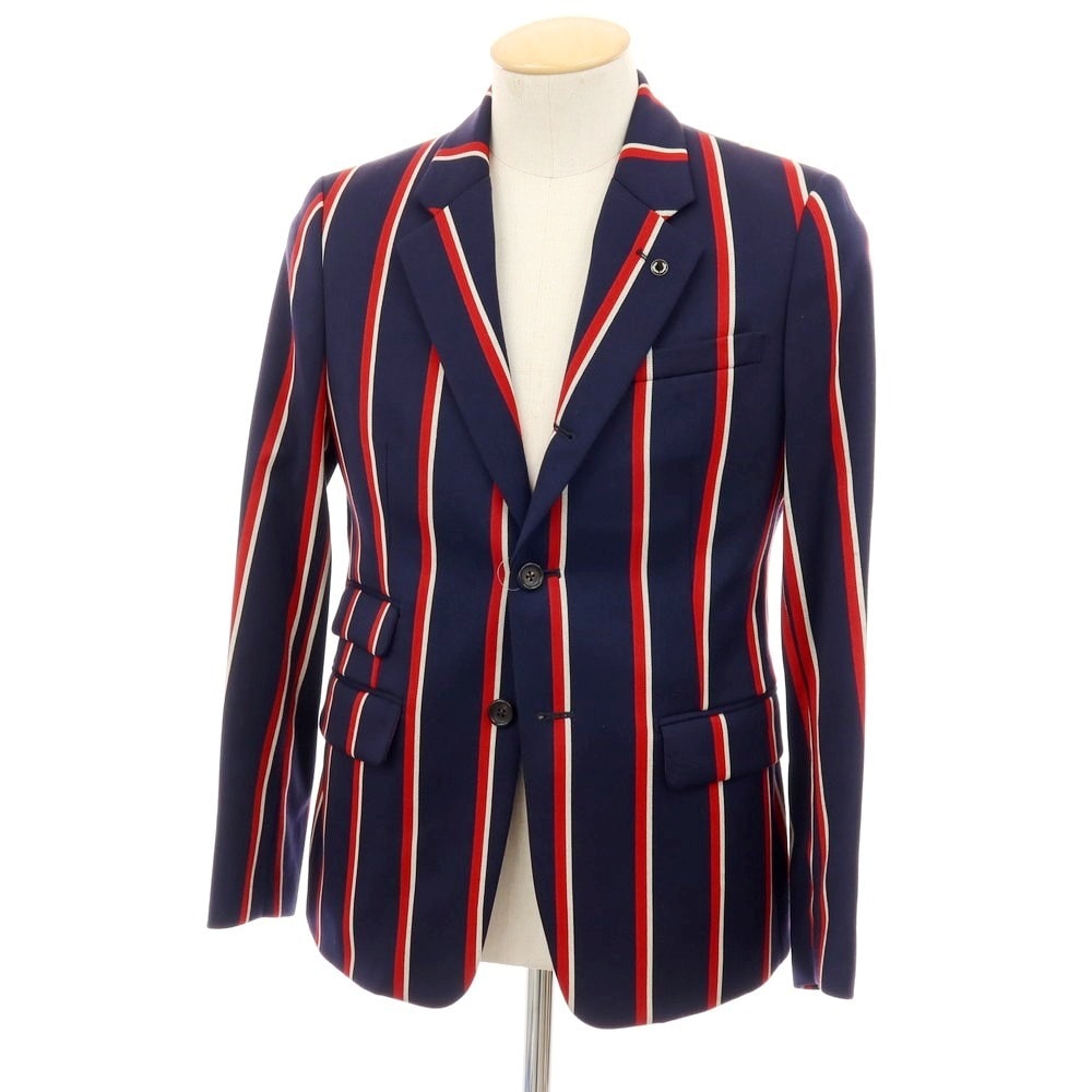 【中古】フレッドペリー FRED PERRY ウールコットン ストライプ 3B テーラードジャケット ネイビーxレッド【サイズS】【メンズ】