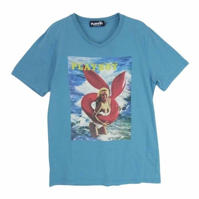 HYSTERIC GLAMOUR ヒステリックグラマー Tシャツ 1241CT08 × PLAY BOY プレイボーイ プリント Vネック Tシャツ ブルー系 M【中古】