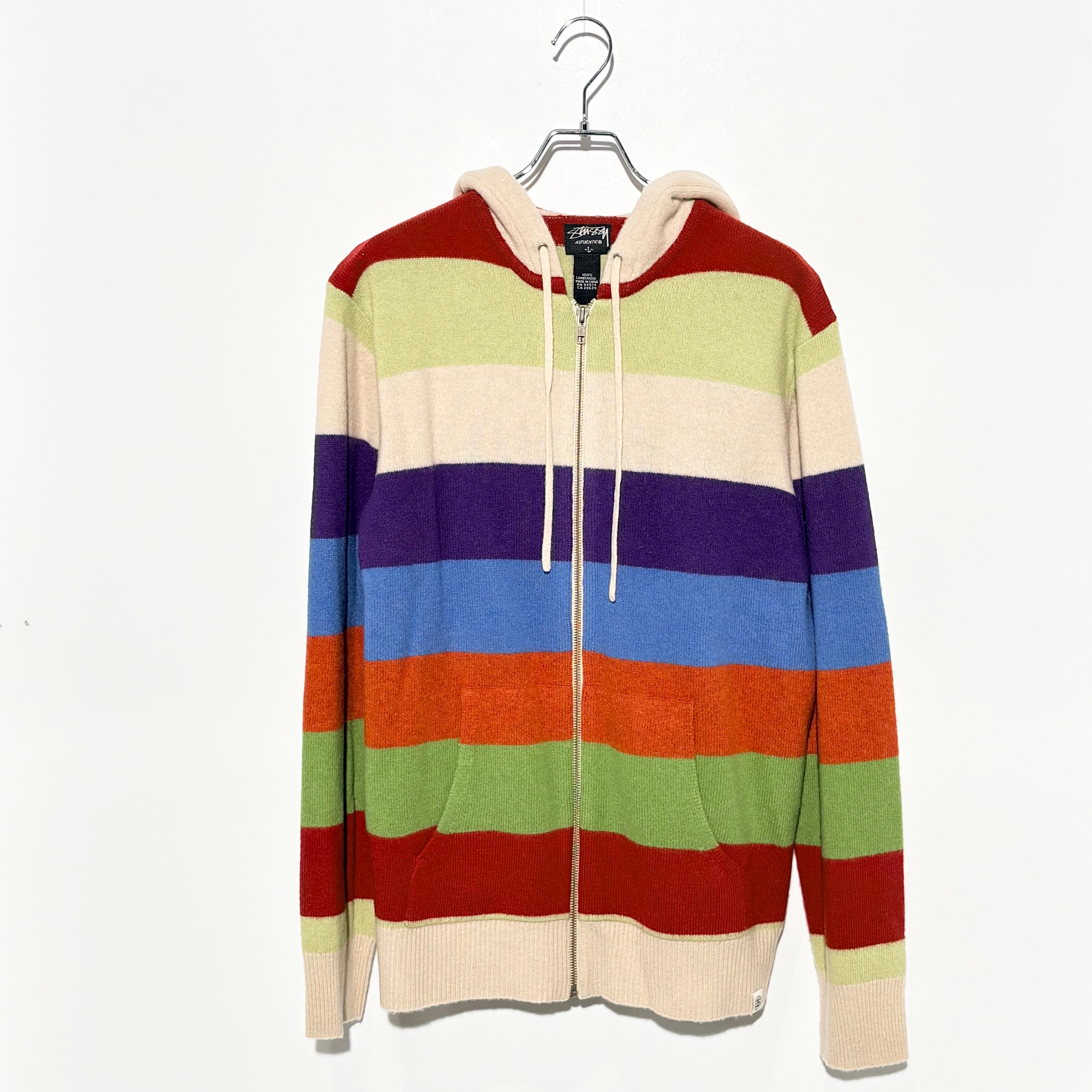 STUSSY MULTI STRIPE WOOL KNIT ZIP UP HOODIE M ulti