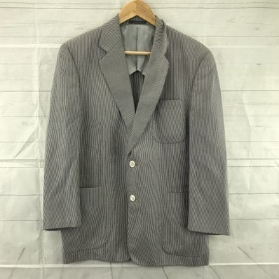 80s-90sビンテージ-日本製★Burberrys/バーバリー★初夏テーラードジャケット【M/グレー×白】ストライプ柄/テンセル/背抜き/Made in Japan◆BA356W