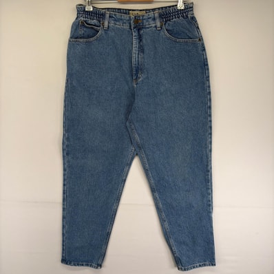 古着 エルエルビーン L.L.Bean デニム パンツ 5ポケット レザーパッチ ジッパーフライ テーパード 12 PET ブルー系 レディース
