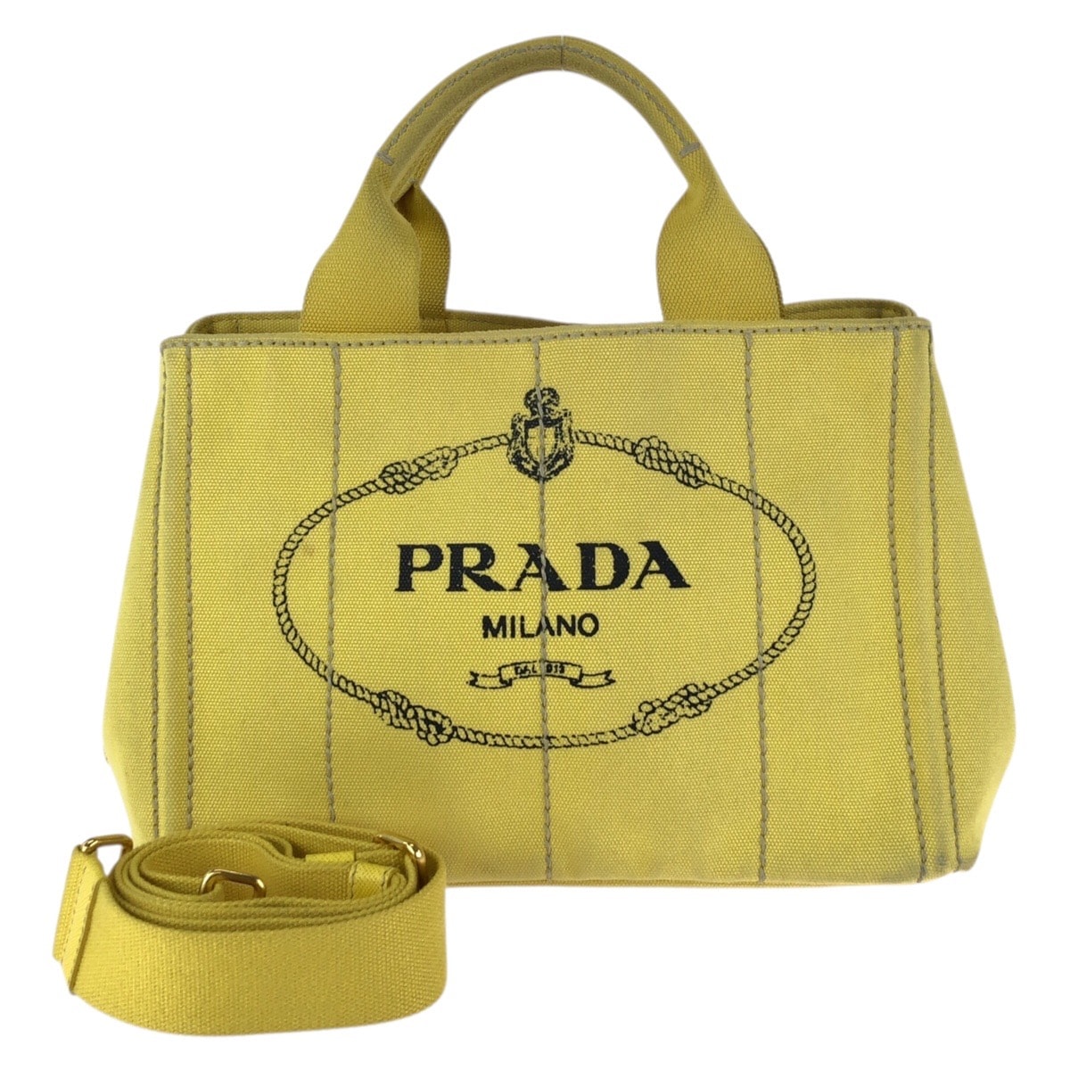 PRADA プラダ カナパ 三角ロゴプレート 2way イエロー ゴールド金具 キャンバス トートバッグ ショルダーバッグ 602952 【中古】