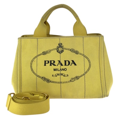 PRADA プラダ カナパ 三角ロゴプレート 2way イエロー ゴールド金具 キャンバス トートバッグ ショルダーバッグ 602952 【中古】