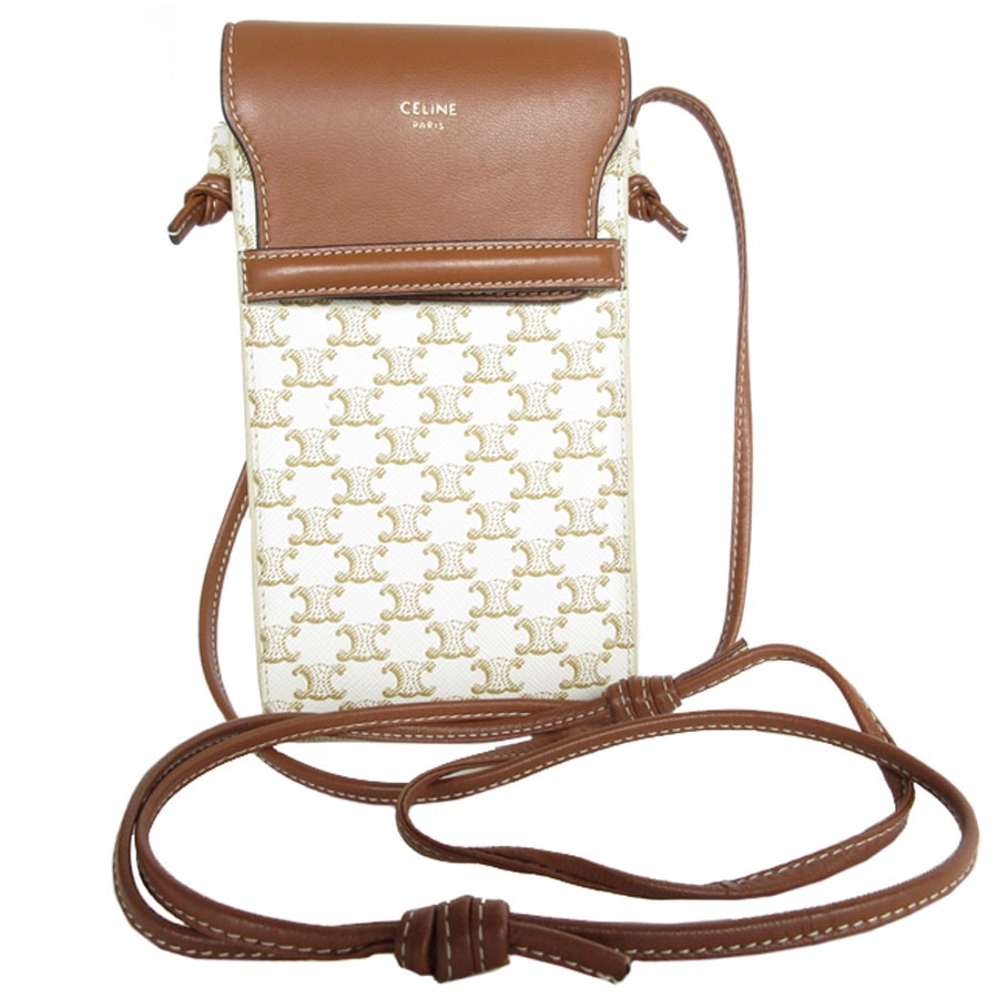 セリーヌ CELINE スマートフォンケース 斜め掛けショルダーポーチ PVC/レザー オフホワイト/ブラウン レディース【中古】 s0650a
