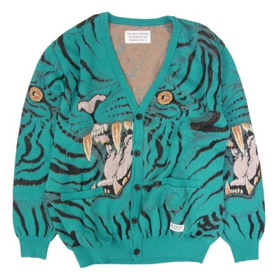 WACKO MARIA ワコマリア カーディガン × TIM LEHI ティムリーハイ KNIT JACQUARD CARDIGAN ニット ジャカード 」カーディガン ブルー系 M【中古】