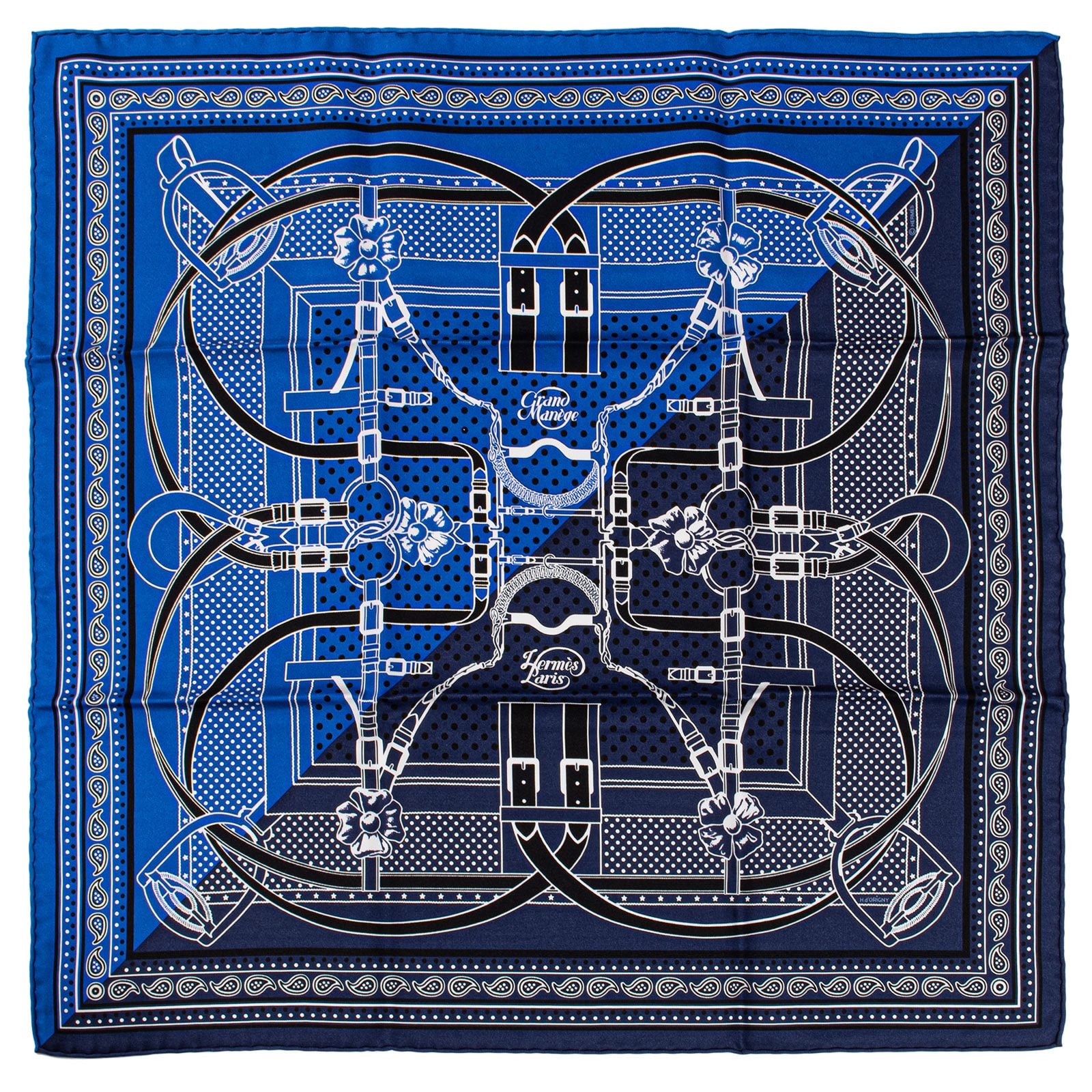 HERMES エルメス スカーフ カレ55 シルクバンダナ Grand Manege Bandana グランマネージュ バンダナ 大調教術 シルク ブルー ネイビー【中古】