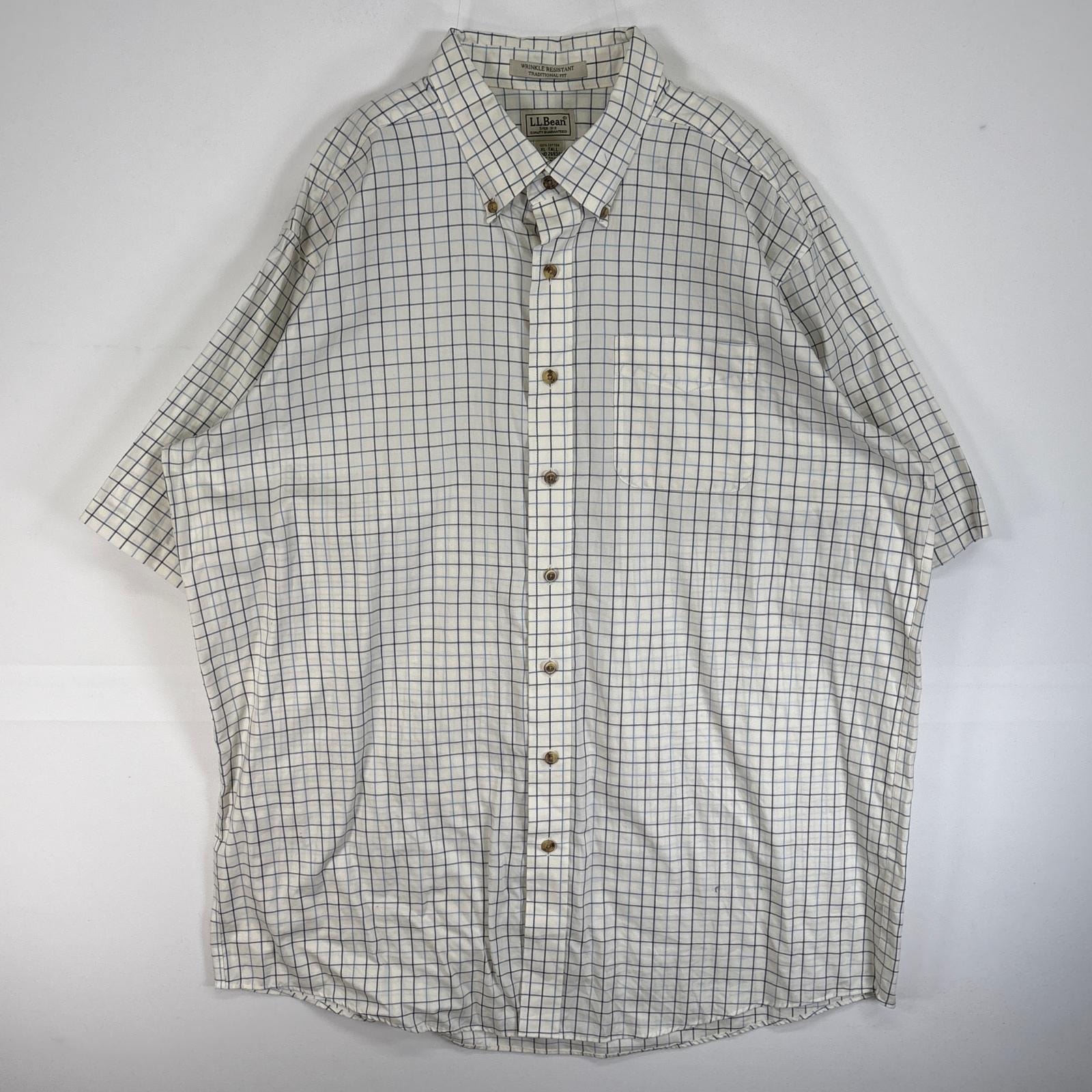 古着 エルエルビーン L.L.Bean 半袖シャツ ボタンダウン チェック 胸ポケ 大きいサイズ XL  ホワイト系 マルチカラー メンズ