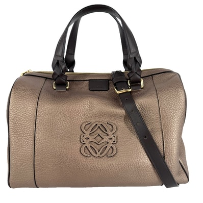 LOEWE ロエベ 2WAY フスタ アナグラム トートバッグ ハンドバッグ 肩掛け ボストンバッグ メタリック ブロンズ レザー ブラウン 茶 ゴールド金具 レディース【中古品】