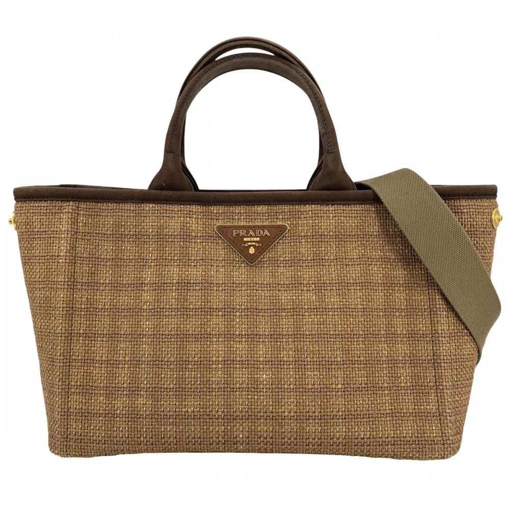 PRADA プラダ 2WAY ショルダーバッグ ハンドバッグ 肩掛け トライアングルロゴ かごバッグ 1BG155 キャンバス  ストロー   ブラウン 茶 レディース【中古品】