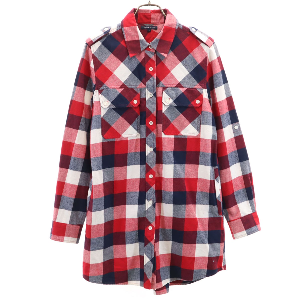 TOMMY HILFIGER トミーヒルフィガー チェック柄 長袖 フランネル シャツワンピース 6 レッド ロールアップ袖
