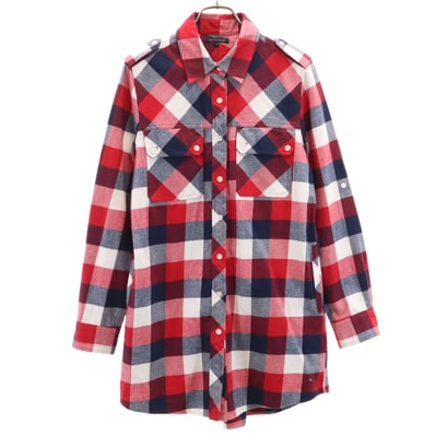 TOMMY HILFIGER トミーヒルフィガー チェック柄 長袖 フランネル シャツワンピース 6 レッド ロールアップ袖
