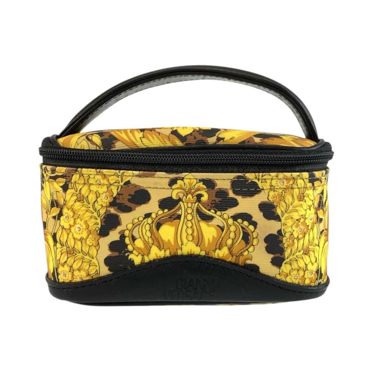 VERSACE ヴェルサーチ サンバースト レオパード柄 イエロー ブラック ゴールド金具 PVC ポーチ バニティバッグ 604021 【中古】