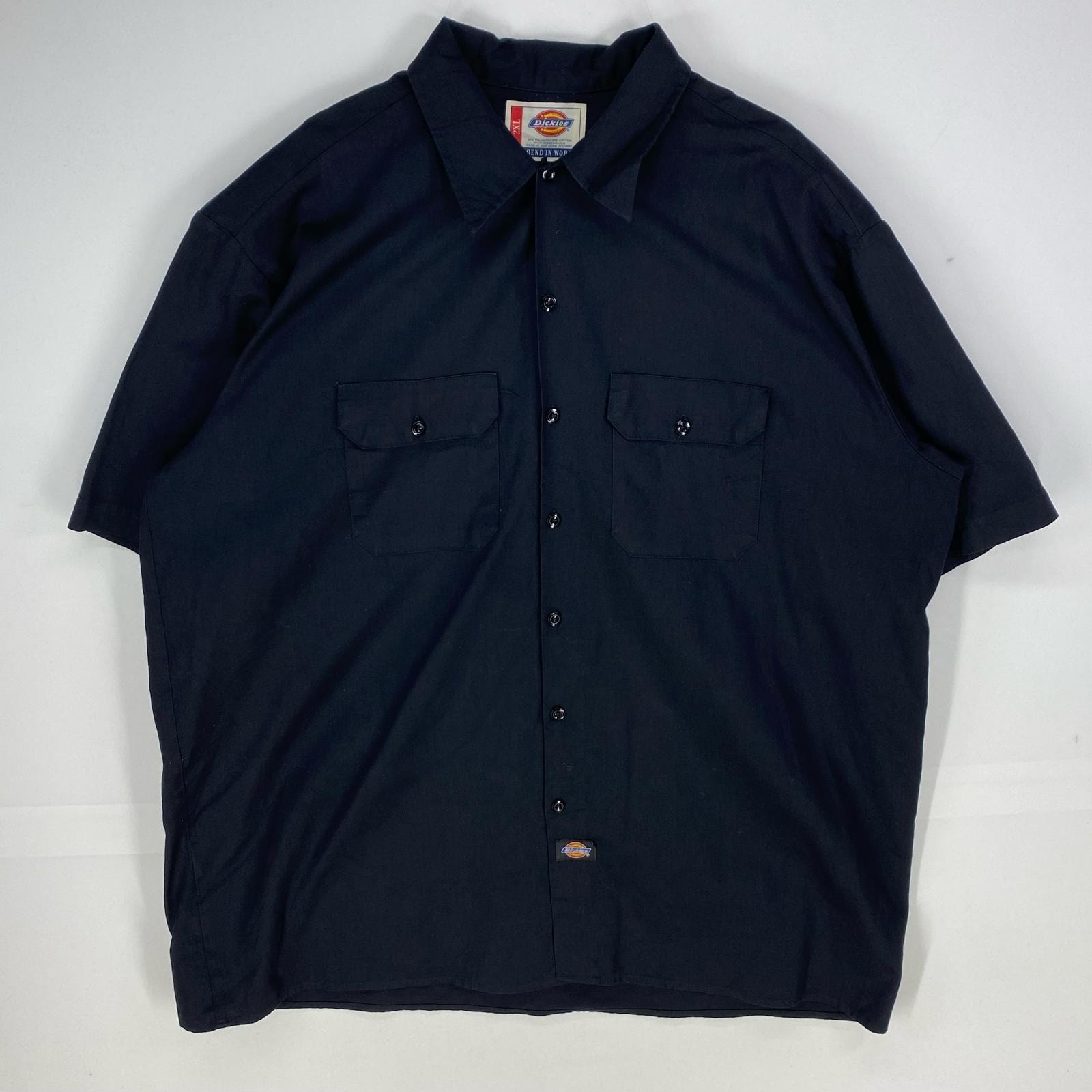 古着 ディッキーズ Dickies 半袖シャツ ワーク 胸ポケット 大きいサイズ ショートスリーブ 2XL ブラック系 無地 メンズ