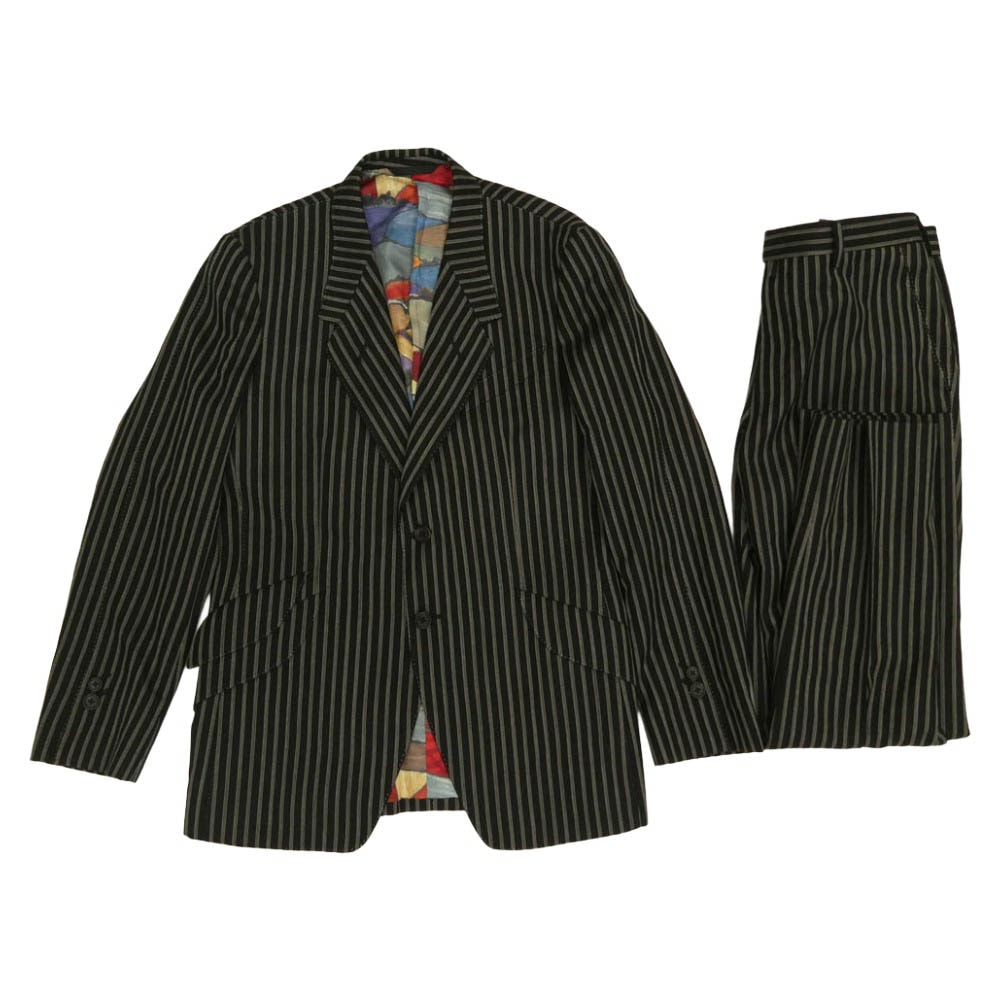 Paul Smith ポール・スミス ウール100% ストライプ 裏地総柄 ダブルフラップポケット テーラード ジャケット パンツ セットアップ ブラック系 L【中古】