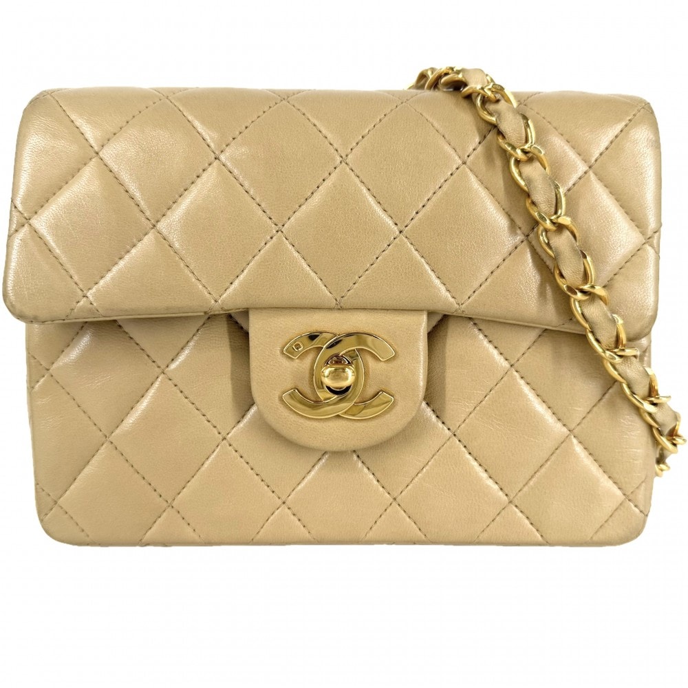 CHANEL シャネル ショルダーバッグ ミニマトラッセ チェーンショルダー ターンロック 肩掛け 斜め掛け Mini Matelasse ヴィンテージ ココマーク ラムスキン    ベージュ ゴールド金具 レディース【中古品】