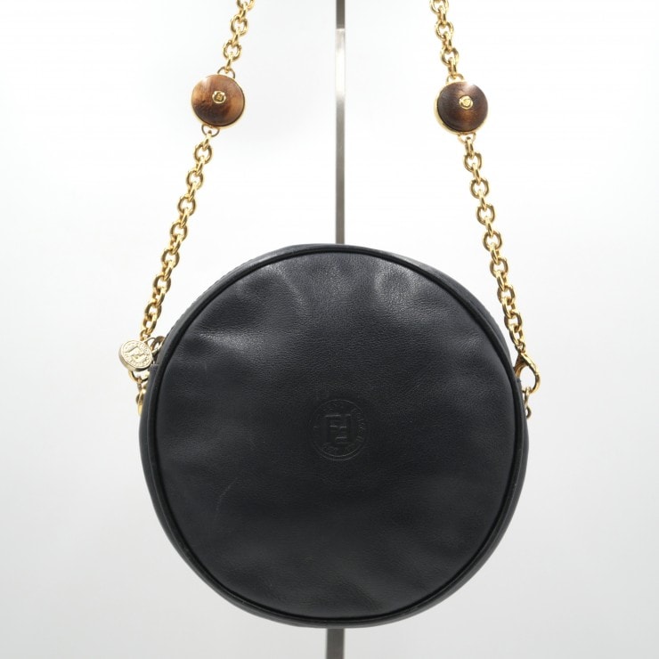 FENDI(フェンディ)ヴィンテージ ラウンド ショルダーバッグ レザー ネイビー ゴールド金具 チェーン レディース 172-25314-028【中古】
