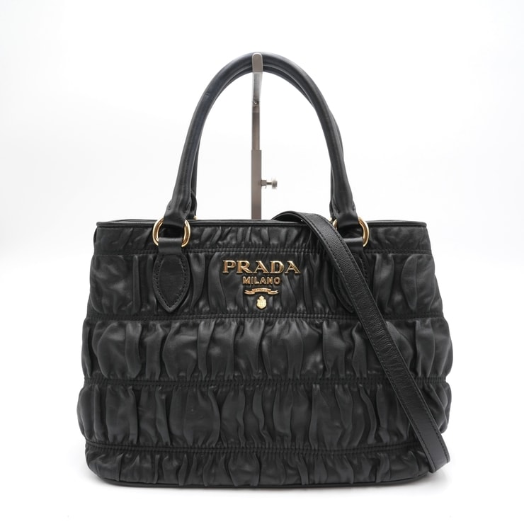 PRADA(プラダ)ゴーフル 2WAY ハンドバッグ ショルダーバッグ ブラック レザー ギャザー ゴールド金具 レディース【中古】