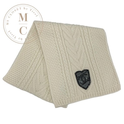 シャネル CHANEL マフラー カシミヤ ホワイト ココマーク ワッペン ラインストーン チェーン