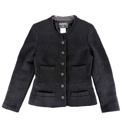 CHANEL シャネル ノーカラージャケット ココマーク ツイード ココボタン アパレル アウター 服 36 ブラック 黒 バーガンディ シルバー金具 ウール アクリル レーヨン ナイロン レディース 2001年【中古品】