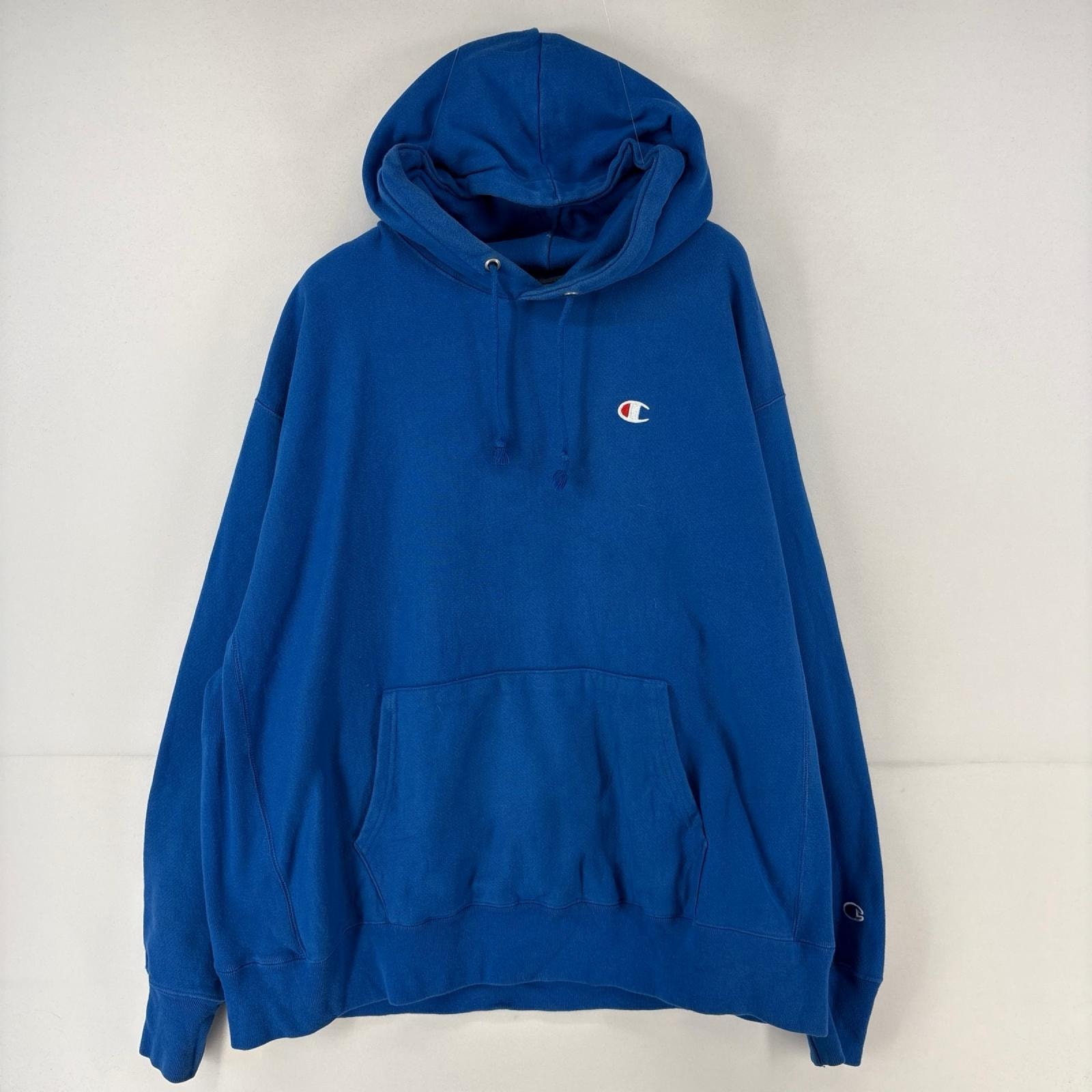 古着 チャンピオン Champion パーカー プルオーバー 刺繍 リバースウィーブ ワンポイント ロゴ スウェット 2XL  ブルー メンズ