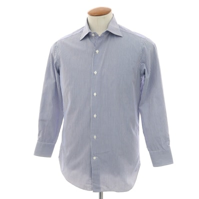 【中古】ビームスエフ BEAMS F コットン ストライプ セミワイドカラー ドレスシャツ ホワイトxネイビー【サイズ39】【メンズ】