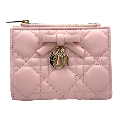Dior ディオール Lady Dior Dahlia ウォレット 二つ折り財布 S2605OUQA レザー ピンク ゴールド金具 レディース【中古】