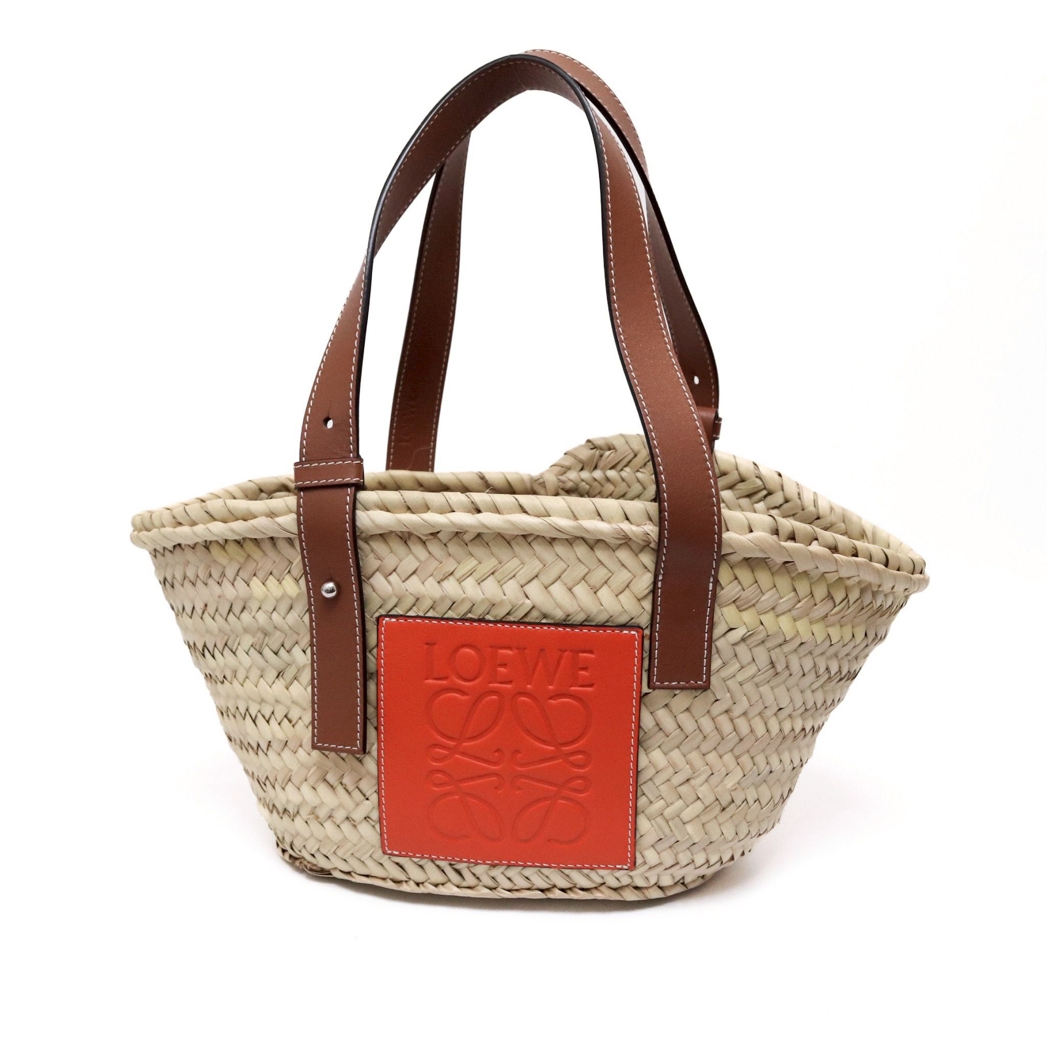 LOEWE Small Basket Bag In Palm Leaf And Calfskin "Natural/Orange"