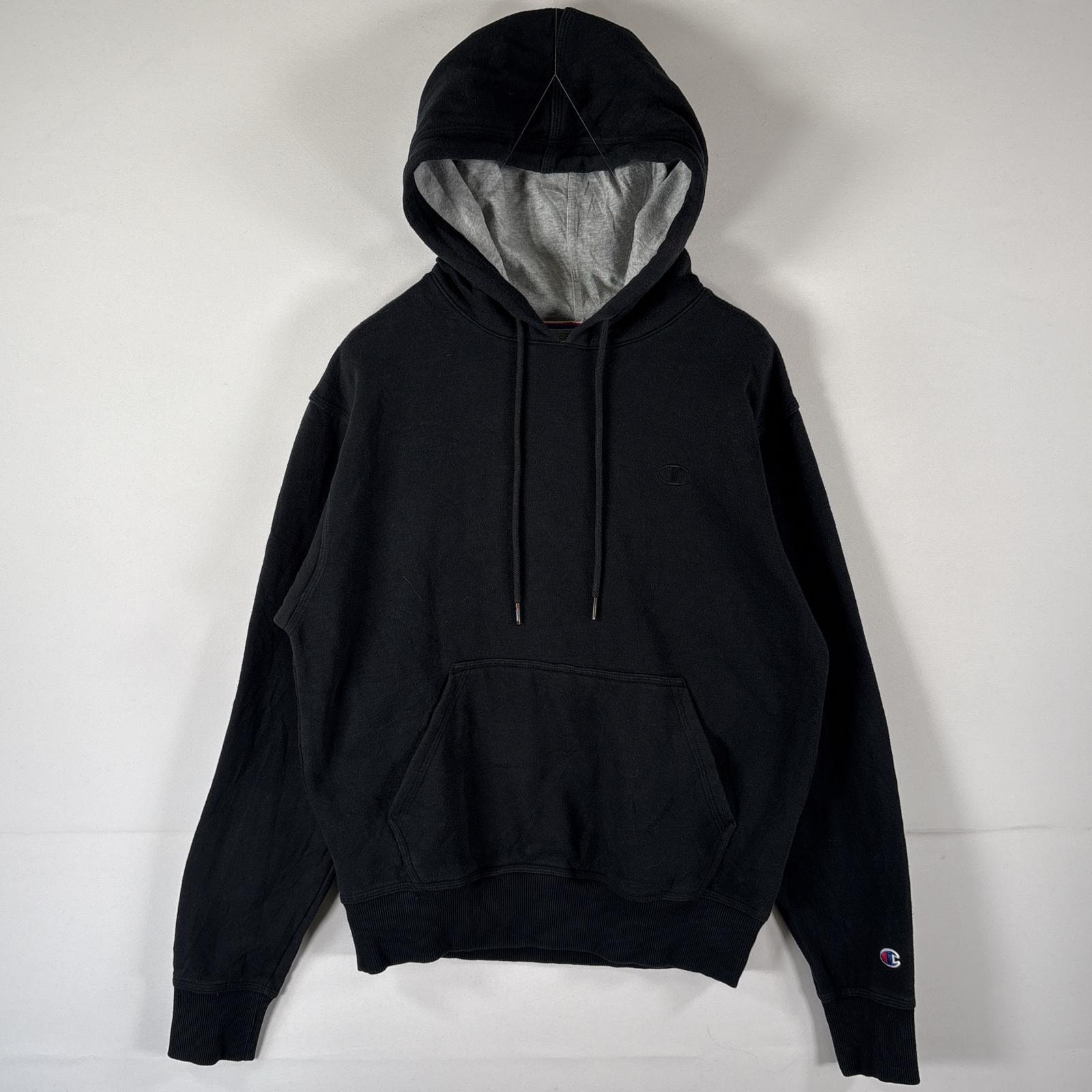 古着 チャンピオン Champion パーカー プルオーバー スウェット ワンポイントロゴ刺繍 フーディ マフポケット S  ブラック メンズ