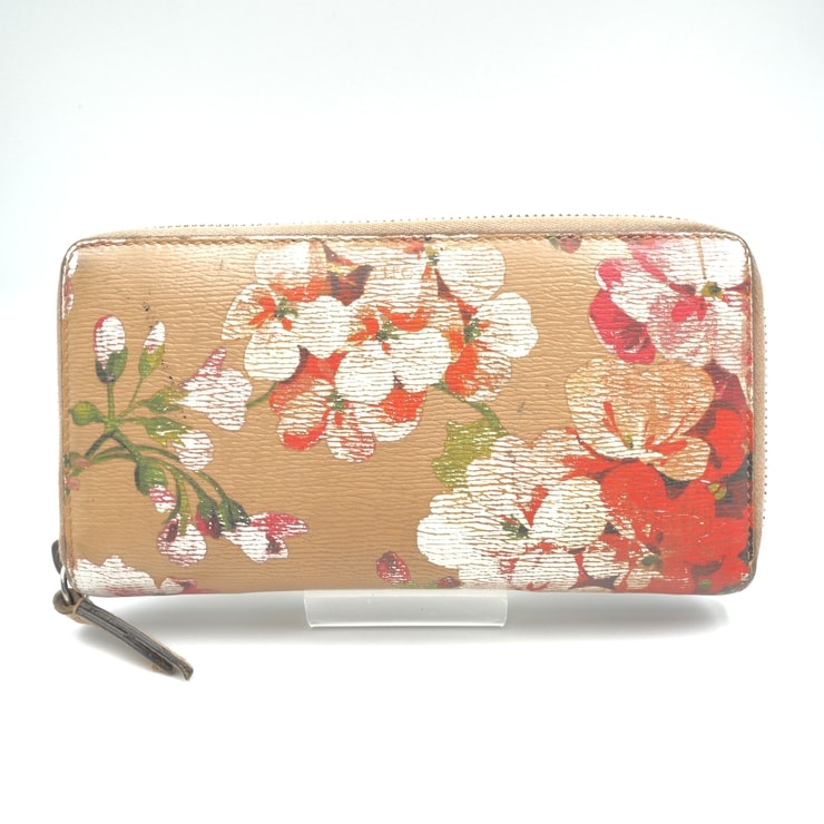 GUCCI(グッチ)ブルームスプリント ラウンドファスナー長財布 フローラル 花柄 ベージュ系 レザー シルバー金具 レディース【中古】