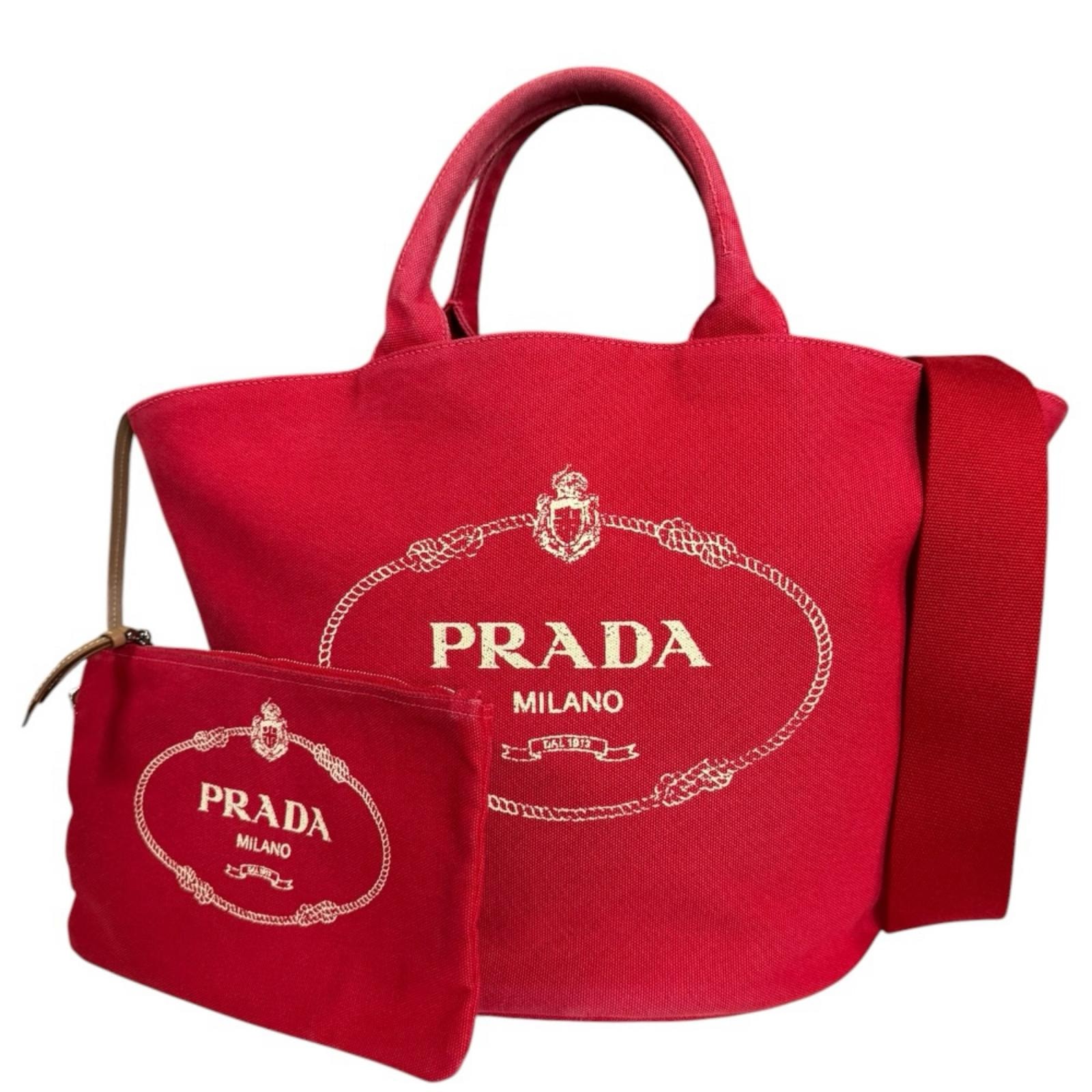 プラダ カナパ ファブリック ショルダーバッグ キャンバス 1BG163 レッド レディース PRADA 中古