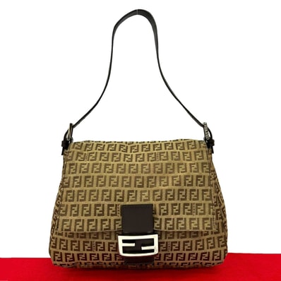 FENDI フェンディ マンマバケット ズッキーノ FF 柄 キャンバス レザー ショルダーバッグ ブラウン
563-9