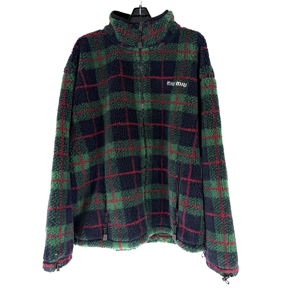 MIUMIU ミュウミュウ ブルゾン チェック フリース テディジッパージャケット アウター 服 S MJL042 グリーン 緑 ネイビー 紺 ポリエステル  ウール   レディース 秋 冬【中古品】