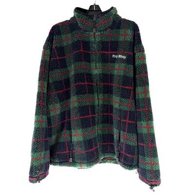 MIUMIU ミュウミュウ ブルゾン チェック フリース テディジッパージャケット アウター 服 S MJL042 グリーン 緑 ネイビー 紺 ポリエステル ウール レディース 秋 冬【中古品】