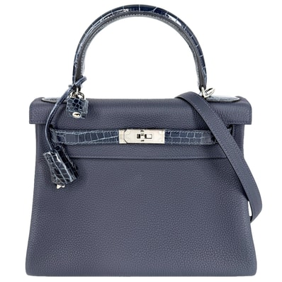 HERMES エルメス 2WAY ケリー28 タッチ 内縫い ショルダーバッグ ハンドバッグ 肩掛け 斜め掛け Z刻印 トゴ クロコダイルニロティカス ネイビー 紺 シルバー金具 レディース 美品 2021年【中古品】