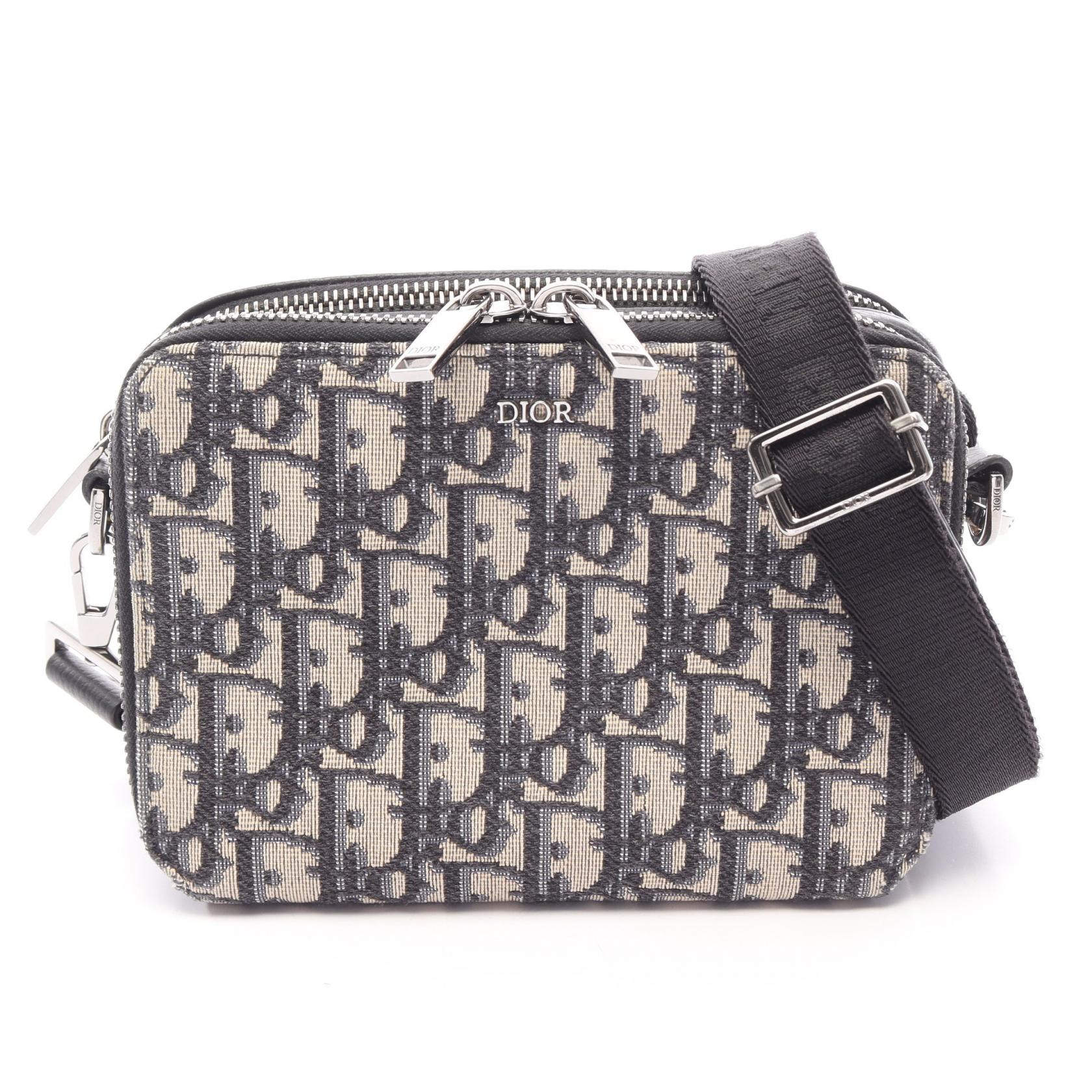 ディオール Dior ストラップ ジップポーチ オブリーク ショルダーバッグ バッグ キャンバス レザー メンズ ベージュ系 / ネイビー系 【中古】
