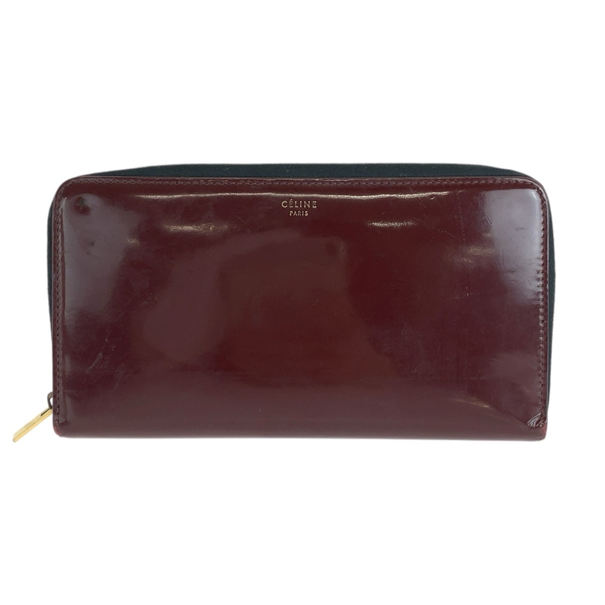CELINE セリーヌ フィービー期 ワインレッド ボルドー ゴールド金具 エナメル 長財布 ラウンドファスナー 1-0296141 【中古】