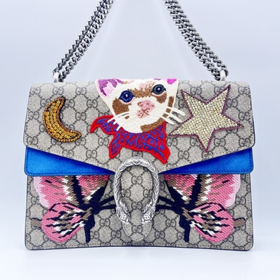GUCCI(グッチ)ディオニュソス GGスプリーム チェーンショルダーバッグ キャット刺繍 バタフライ クリスタル PVC レザー ブルー シルバー金具 400235【中古】