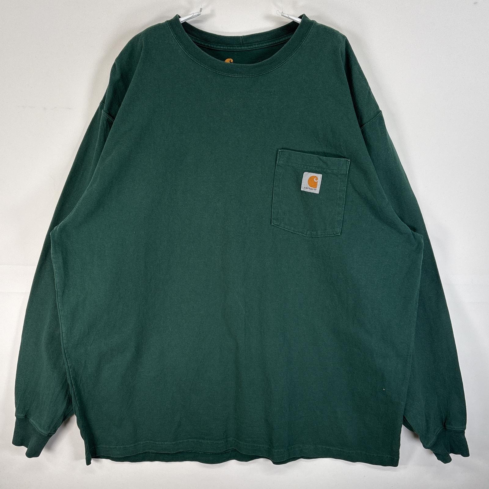古着 カーハート Carhartt 長袖Tシャツ 胸ポケ ワンポイントロゴ 大きいサイズ 肉厚 XL グリーン 無地 メンズ