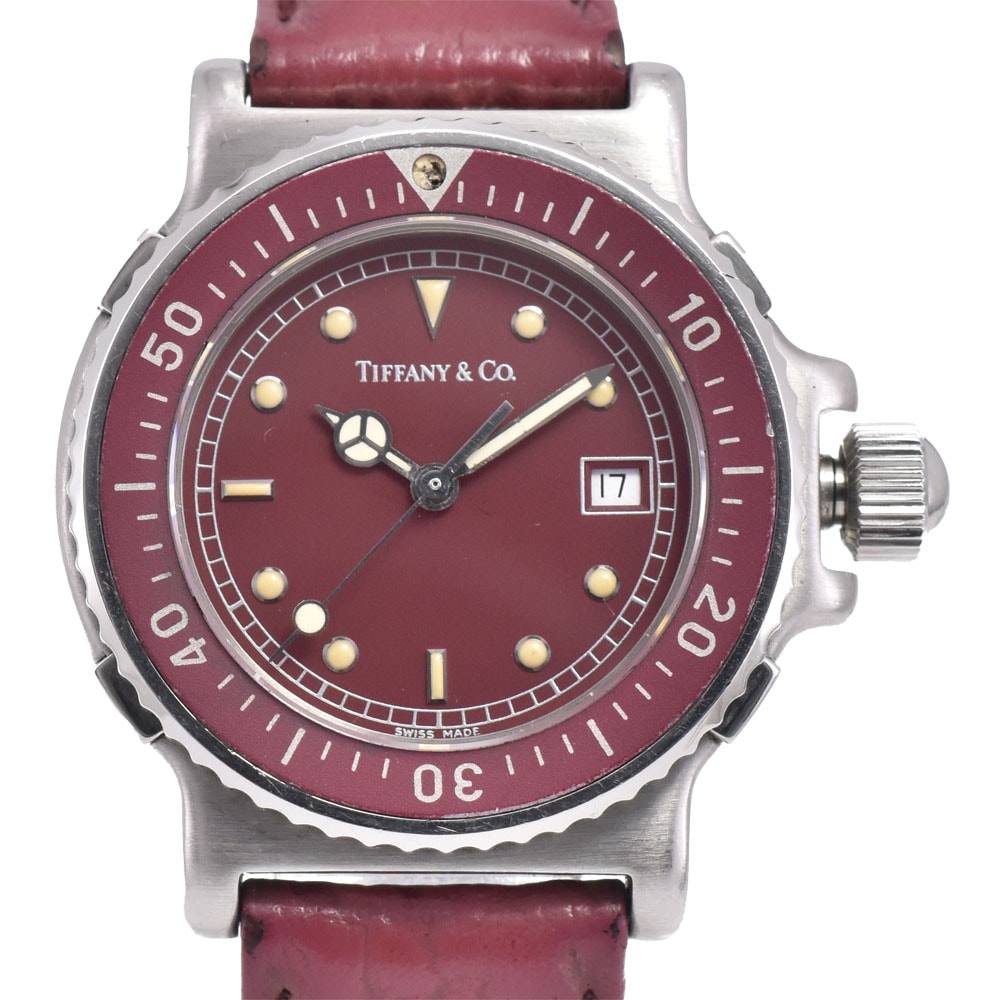 訳あり ティファニー TIFFANY&Co. L0710 ダイバーウォッチ ワインレッド クォーツ レディース 箱付き D#145761